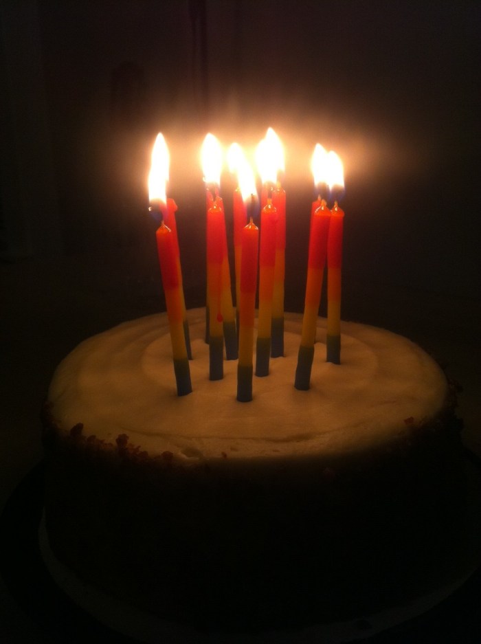 Birthday Rainbow candles are a must. This is not the cake we baked from scratch.